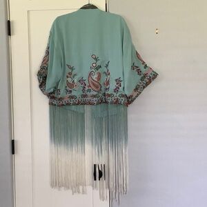 Zara Embroidered Fringe Kimono Jacket - Teal